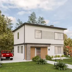 Nowoczesny dom typu kostka z czerwoną toyotą na podjeździe. Otoczony zielenią, z betonowym płotem i ścieżką.