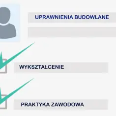 Ikona osoby i pola z zaznaczonymi uprawnieniami budowlanymi, wykształceniem i praktyką zawodową, wskazujące na samodzielne funkcje techniczne w budownictwie.