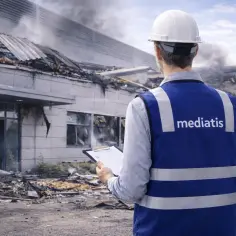 Pracownik w kamizelce z napisem "mediatis" dokonuje kontroli stanu technicznego budynku po pożarze.