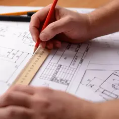 Rysowanie projektu budowlanego zamiennego. Dłoń z ołówkiem i linijką nad dokumentacją techniczną.
