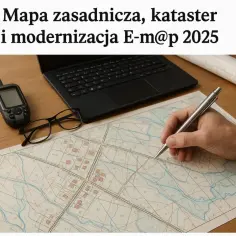 Ręka z długopisem nad mapą, obok GPS, okulary i laptop. To symbolizuje, co to znaczy modernizacja w geodezji i katastrze.