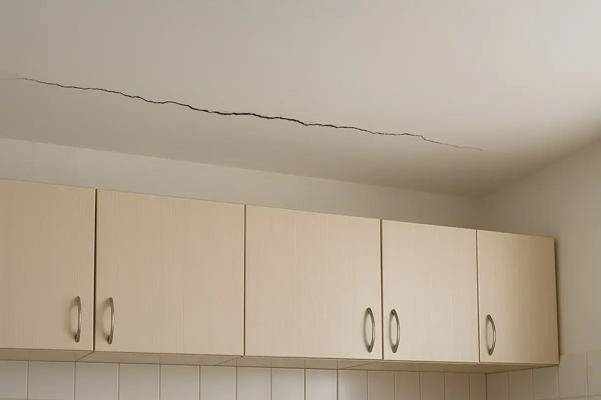 Długie pęknięcie na suficie nad szafkami kuchennymi. Kwestia odpowiedzialności dewelopera za pęknięcia ścian.