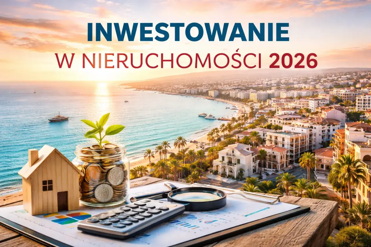 Inwestowanie w nieruchomości 2026: drewniany domek, słoik z monetami i kalkulator na tle słonecznego wybrzeża. Czy skup nieruchomości się opłaca?