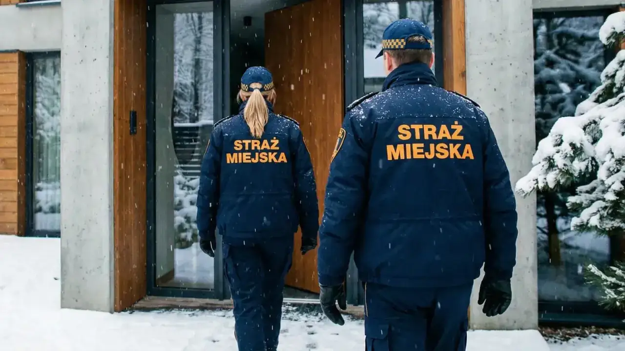 Dwóch funkcjonariuszy Straży Miejskiej w zimowej scenerii podchodzi do nowoczesnego budynku.