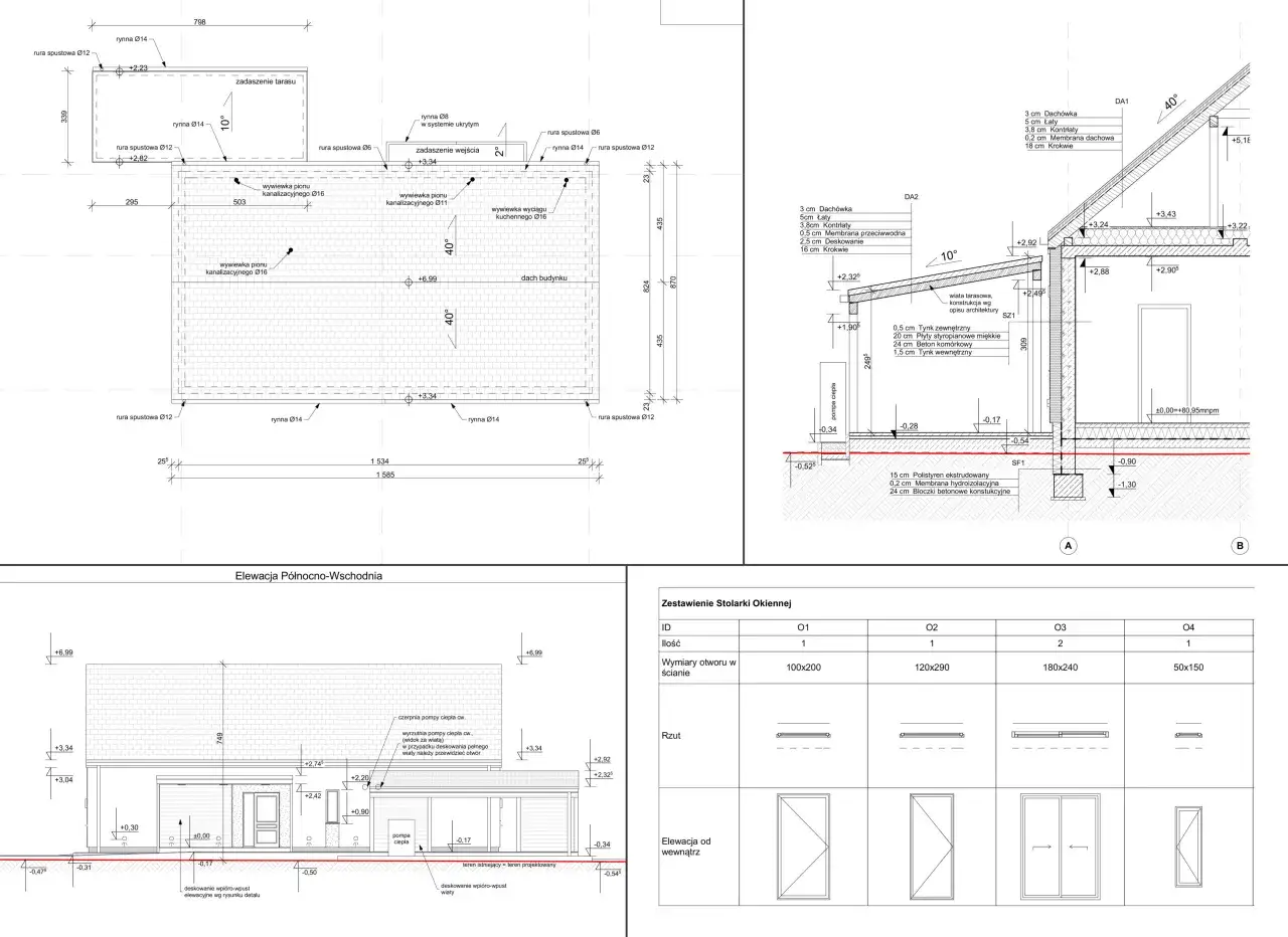 Projekt architektoniczno budowlany zawiera rzuty, przekroje, elewacje, detale konstrukcyjne i zestawienie stolarki okiennej.