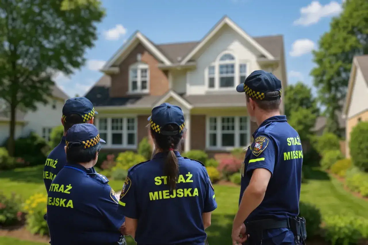 Strażnicy miejscy stoją przed domem, patrząc w jego stronę.