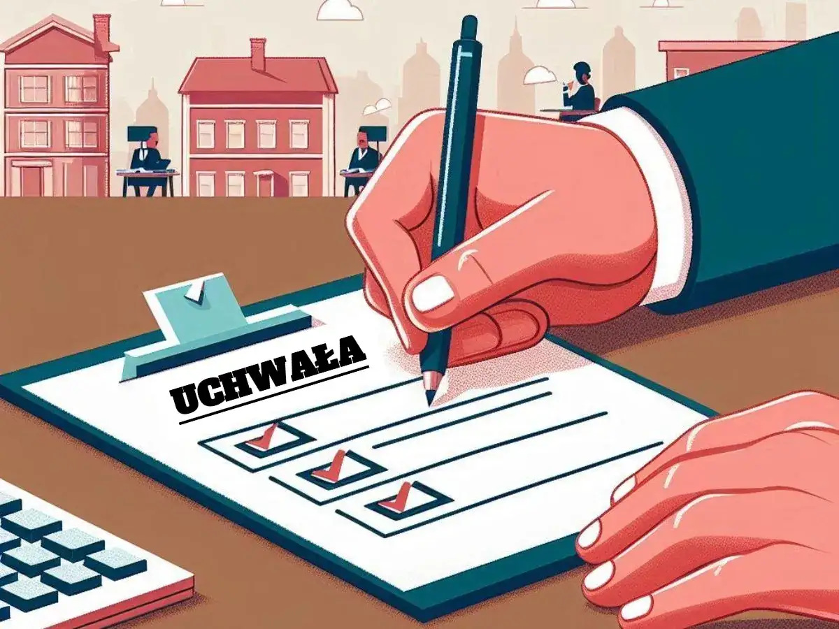 Dłoń podpisuje uchwałę dotyczącą udziału w nieruchomości wspólnej. W tle budynki i ludzie przy biurkach.