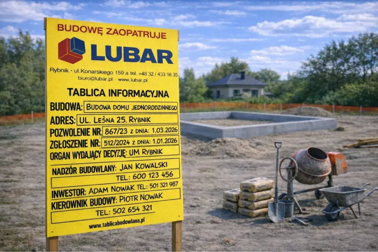 Tablica informacyjna na budowie domu jednorodzinnego. Widoczny plac budowy z fundamentami, betoniarką i workami cementu.