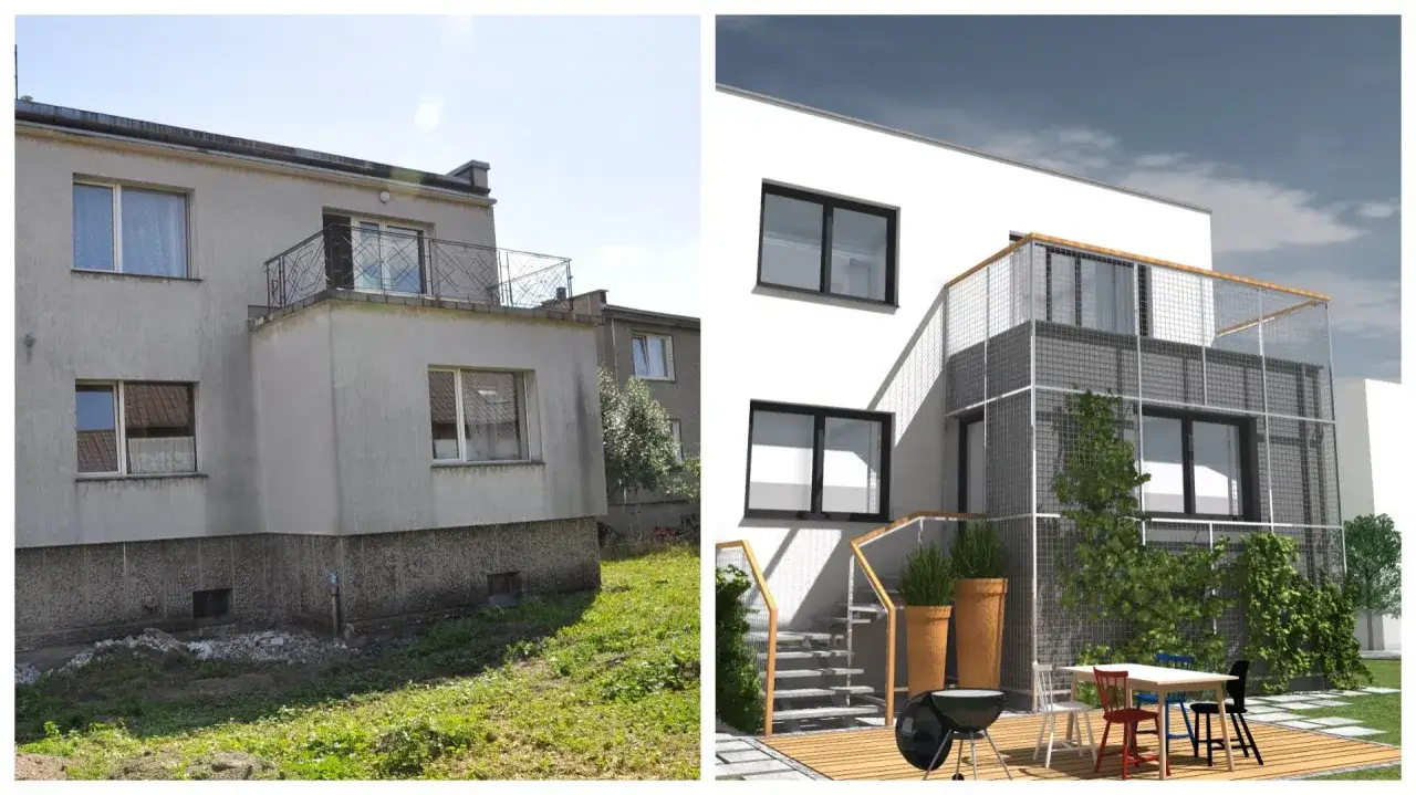 Przed i po: stary dom typu kostka zyskał nowoczesną elewację, balkon i taras z grillem.