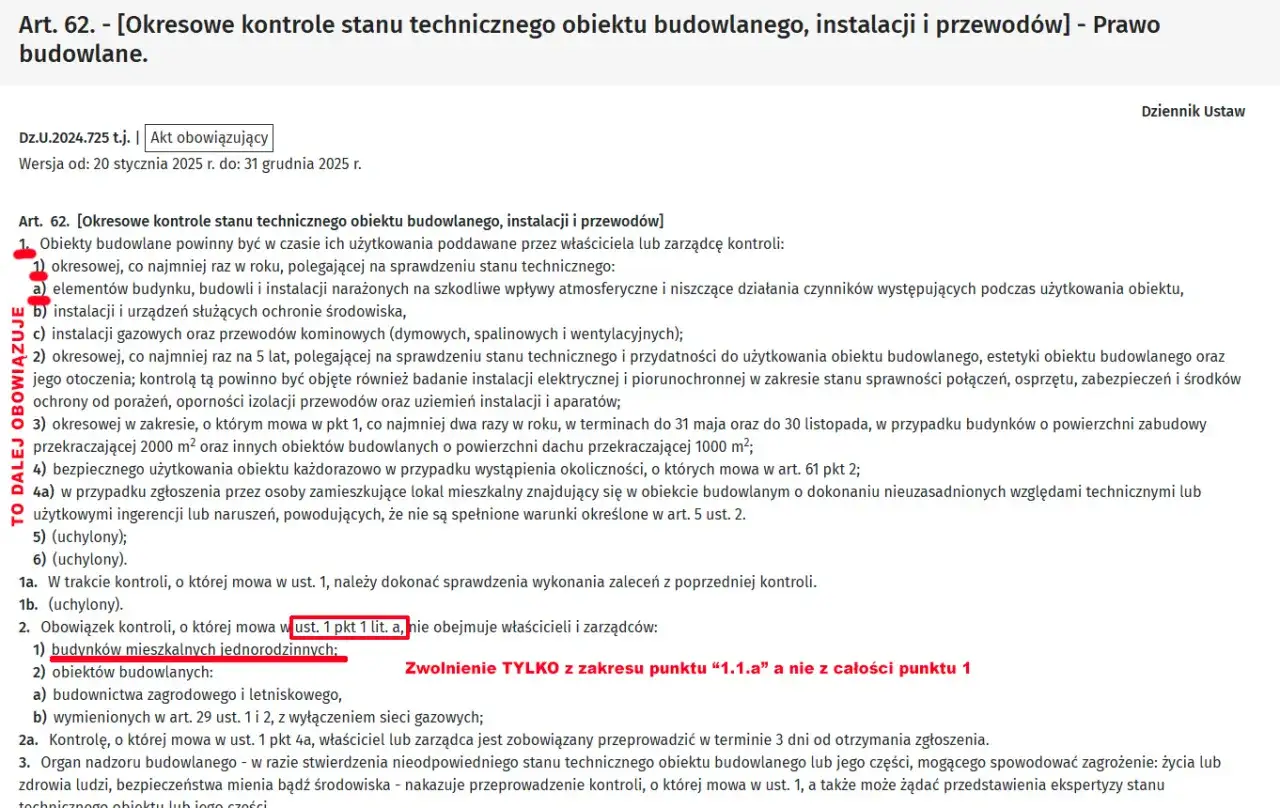 Artykuł 62. [Okresowe kontrole stanu technicznego obiektu budowlanego, instalacji i przewodów] - Prawo budowlane.