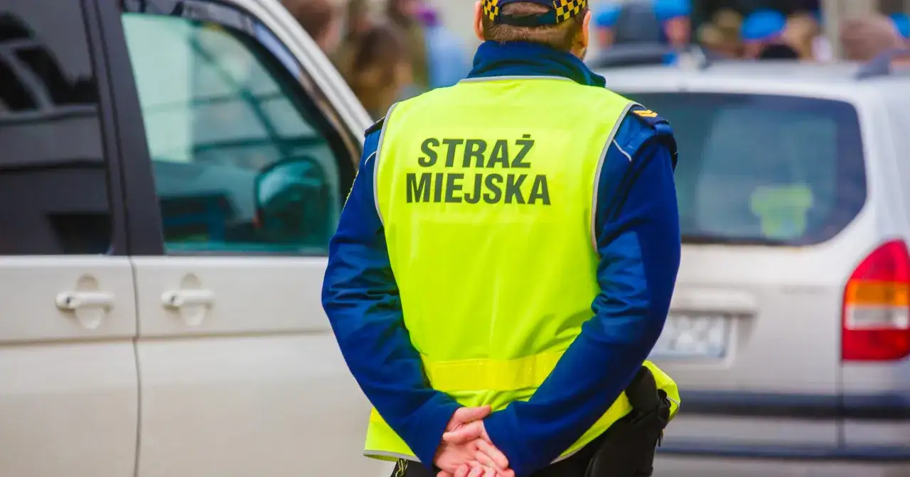 Strażnik miejski w kamizelce odblaskowej stoi obok samochodów. Może wystawić mandat za parkowanie na terenie wspólnoty mieszkaniowej.