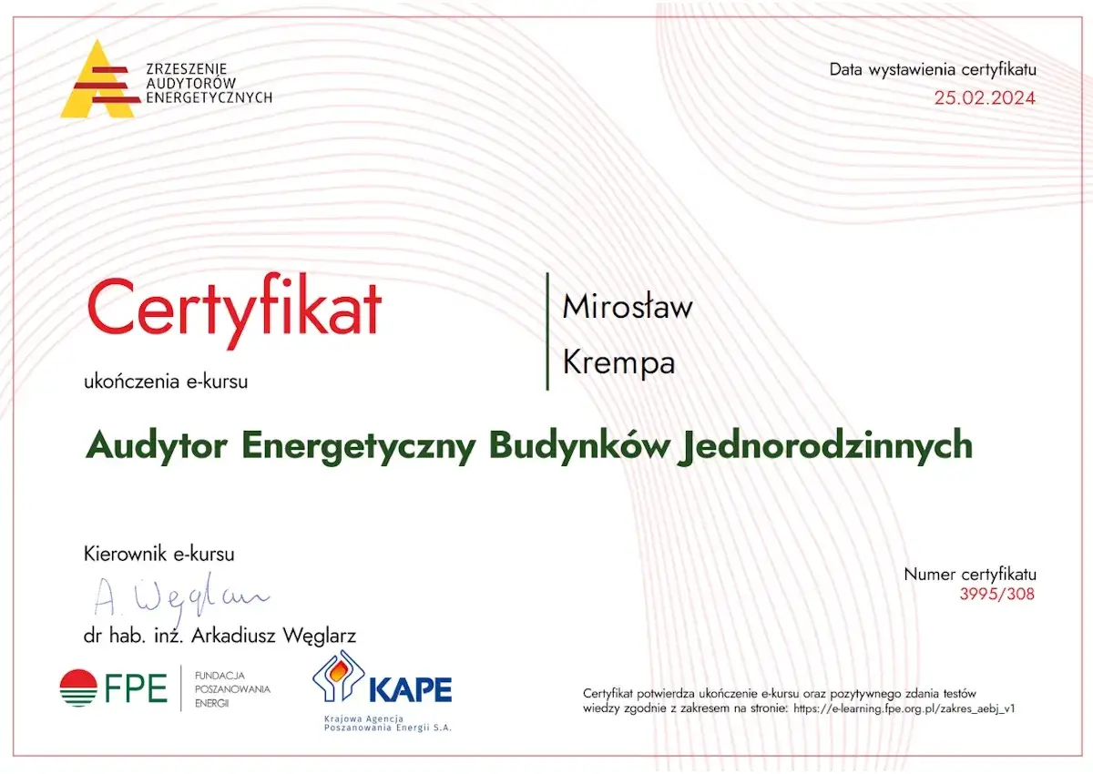 Certyfikat ukończenia kursu dla Mirosława Krempy, potwierdzający kwalifikacje audytora energetycznego. Kto wystawia takie świadectwo energetyczne? Zazwyczaj instytucje szkoleniowe jak FPE i KAPE.