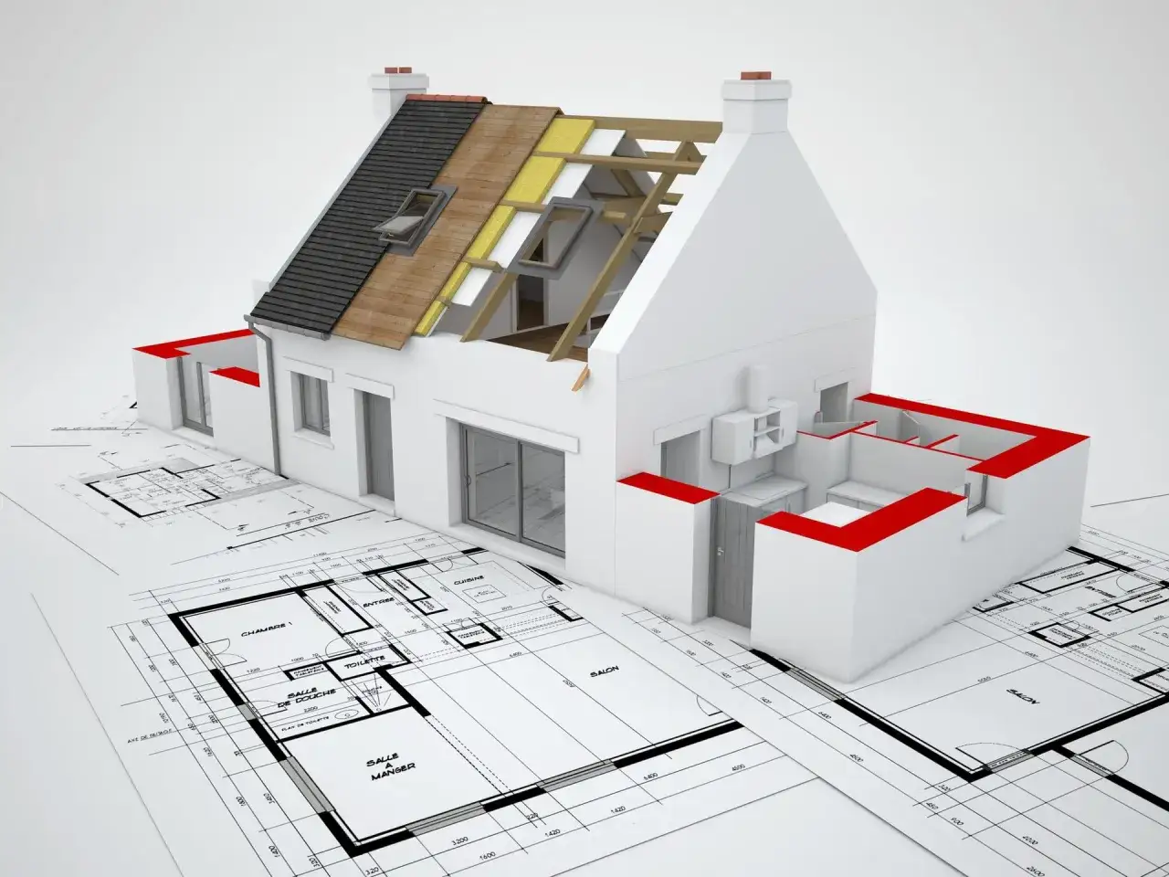 Model domu na planach architektonicznych, ukazujący etapy budowy i izolacji dachu. Kluczowe zmiany istotne prawo budowlane.