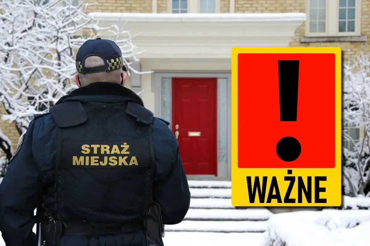 Strażnik miejski przed domem z czerwonymi drzwiami, obok znak ostrzegawczy "WAŻNE".