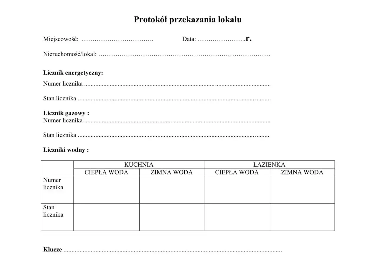 Formularz protokół zdawczo odbiorczy najem: dane lokalu, liczniki (energetyczny, gazowy, wodne w kuchni i łazience) oraz klucze.